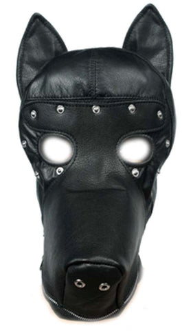 BDStyle Ultimate Leather Dog Hood with Zippered Muzzle and Blindfold - Bondage Hoods
