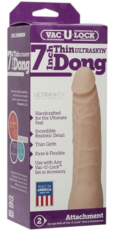Doc Johnson Vac U Lock 7 Inch Thin Realistic Dong White - - Strap On Sextoys