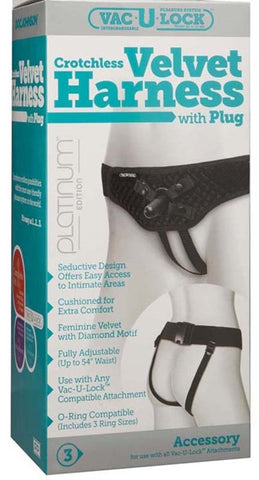 Doc Johnson Vac U Lock Crotchless Velvet Harness with Plug Diamond Pattern - Strap On Sextoys