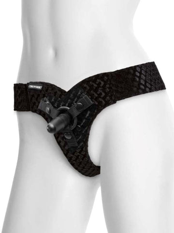 Doc Johnson Vac U Lock EZ Rider Thong Velvet Harness with Plug Black Strap On - Strap On Sextoys