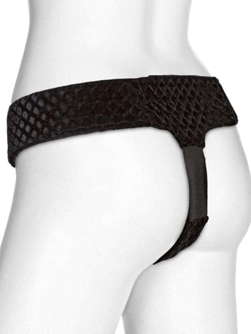 Doc Johnson Vac U Lock EZ Rider Thong Velvet Harness with Plug Black Strap On - Strap On Sextoys
