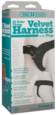 Doc Johnson Vac U Lock EZ Rider Thong Velvet Harness with Plug Black Strap On - Strap On Sextoys