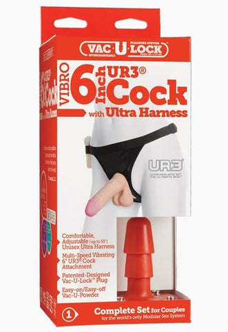 Doc Johnson Vac U Lock Vibrating 6 UR3 Cock with Strap On Flesh Complete Kit - Strap On Sextoys