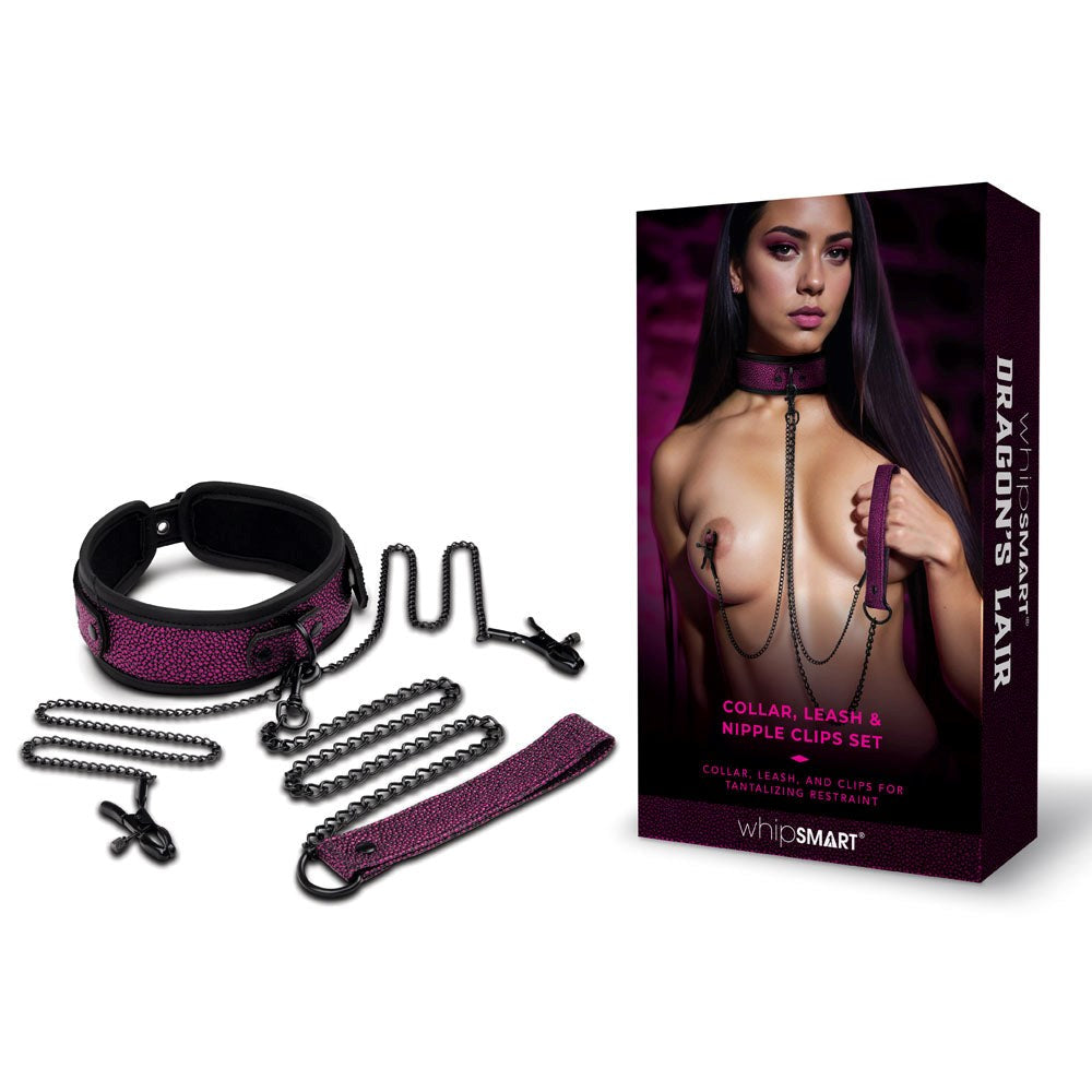 Xgen Products WhipSmart Dragons Lair Collar Leash & Nipple Clips BDSM Set - - Breast and Nipple Toys