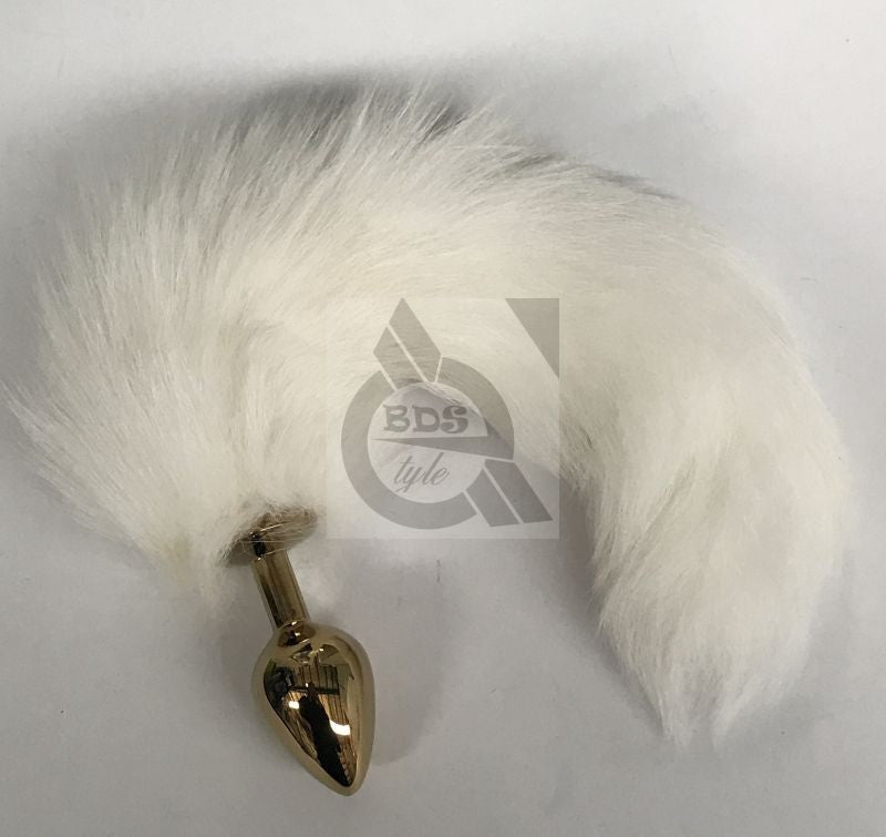 BDStyle White Faux Fox Tail Steel Anal Plug Gold Premium Fantasy Accessory - Steel Sex Toys