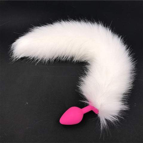 BDStyle White Faux Fox Tail with Pink Silicone Butt Plug for Roleplay - Prostate Toys