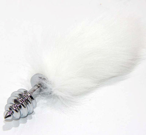 BDStyle White Kitten Tail Silver Ribbed Butt Plug with Faux Fur Tail - Steel Sex Toys
