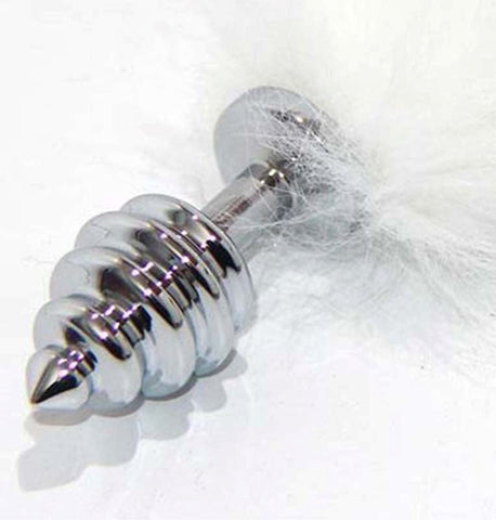 BDStyle White Kitten Tail Silver Ribbed Butt Plug with Faux Fur Tail - Steel Sex Toys