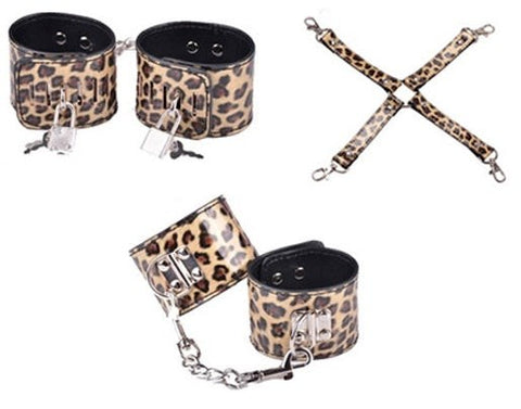 BDStyle Wild Leopard Wrist and Ankle Cuffs with Hogtie Restraint Set - Cuffs And Restraints