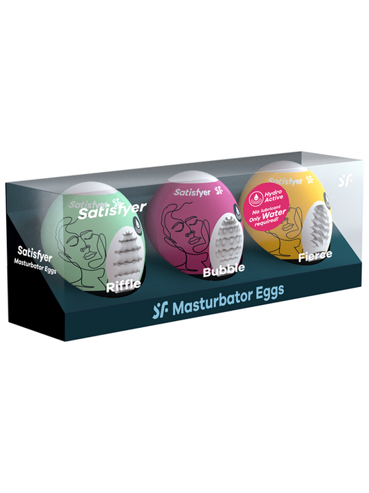 Satisfyer 3 Piece Egg Masturbator Set Riffle Bubble Fierce Waterproof TPE - - Love Eggs and Kegel Exercisers