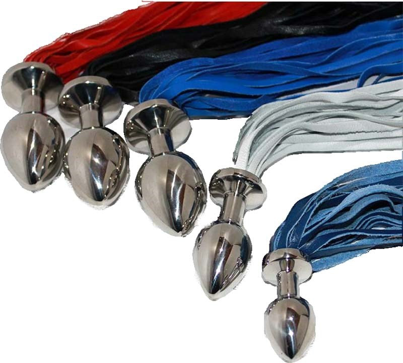 Hells Couture Butt Plug With Leather Whip Large Navy Steel Construction - Steel Sex Toys