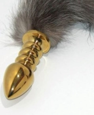 BDStyle Faux Fox Tail Ribbed Gold Butt Plug Large with Ribbed Texture - Steel Sex Toys