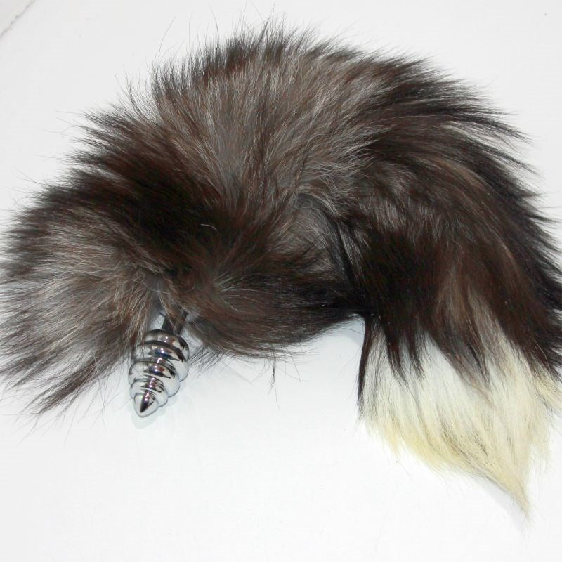 BDStyle Faux Fox Tail Ribbed Silver Butt Plug 30cm Tail for Pet Play - - Steel Sex Toys