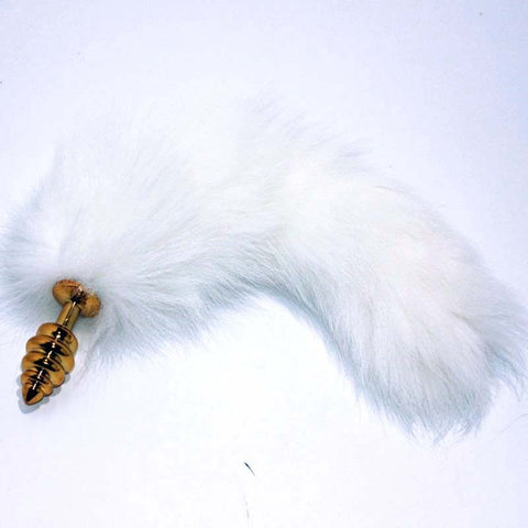BDStyle White Fox Tail Ribbed Anal Plug Soft Kink Delight 30mm Width - Steel Sex Toys