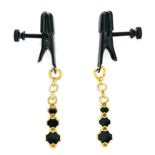 Black Broad Tip Clamp With Black Gem Pendants - - Nipple and Clit Clamps