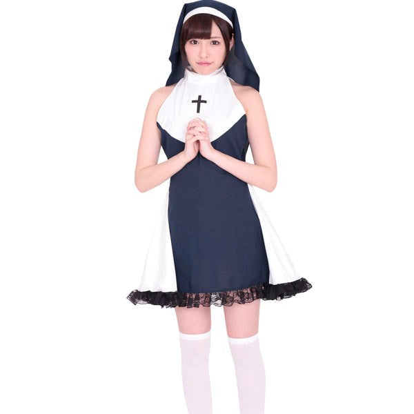Black Frilled Lace Slutty Nun Costume With Habit - - Fancy Dress Ups