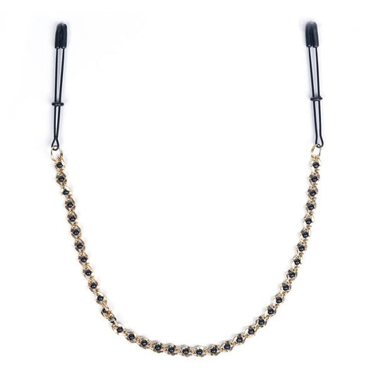Black Tweezer Nipple Clamps With Beaded Chain - - Nipple and Clit Clamps