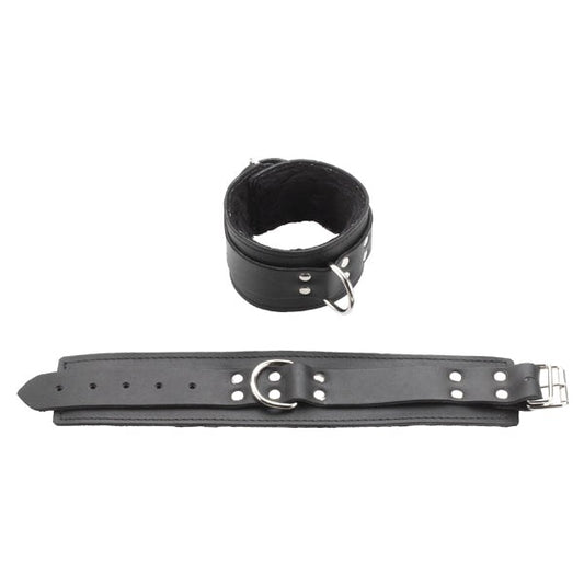 Classic Black Leather Fur Line Ankle Cuffs With O Ring - - Cuffs And Restraints