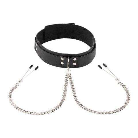 Spartacus Leather Double Strap O Ring Collar with Tweezer Clamps - Collars and Leads
