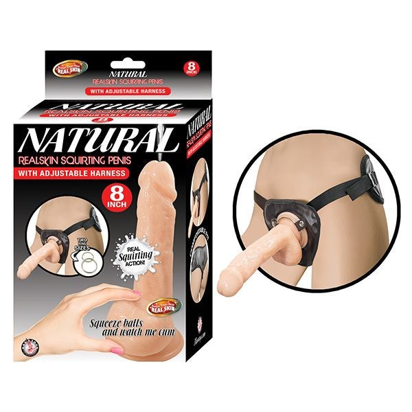 NATURAL REALSKIN Squirting Penis with Adjustable Harness - - Strap On Sextoys
