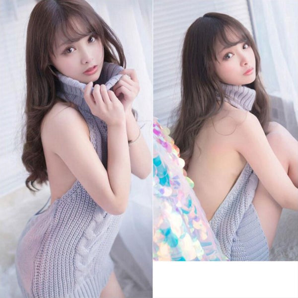 Open Back Turtle Neck Kinky Sweater Grey - - Her Fetish