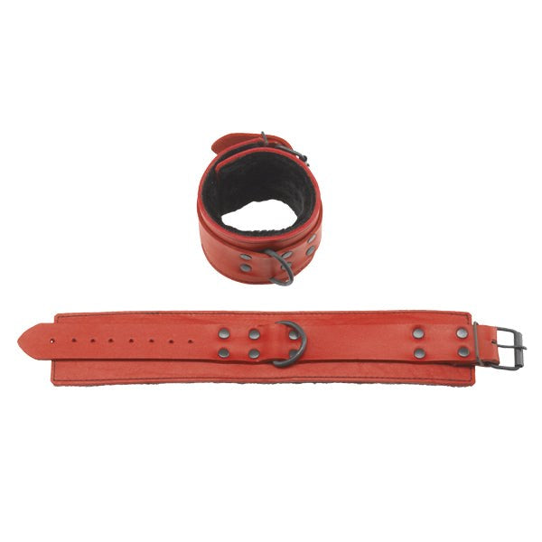 Redline Faux Leather Ankle Cufffs with Black Fur & O-Ring - - Cuffs And Restraints