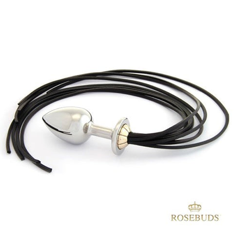 Rosebuds Luxe Black Long Leather Whipbud XL BDSM Whip and Cock Ring - Butt Plugs