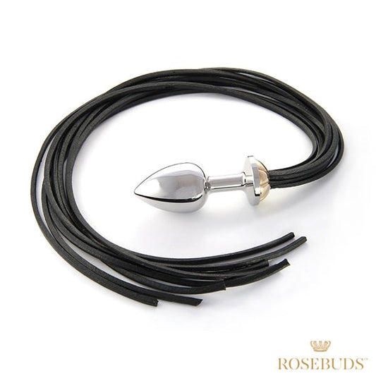 Rosebuds Luxe Metal Butt Plug With Black Leather Whip Med - - Butt Plugs
