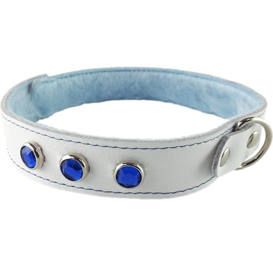 SPARTACUS White Leather Collar with Blue Gems & Lining - - Collars and Leads