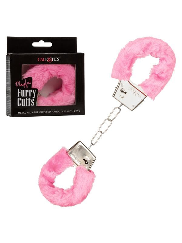 California Exotics Playful Furry Cuffs Soft Faux Fur Handcuffs Pink - - Cuffs and Restraints