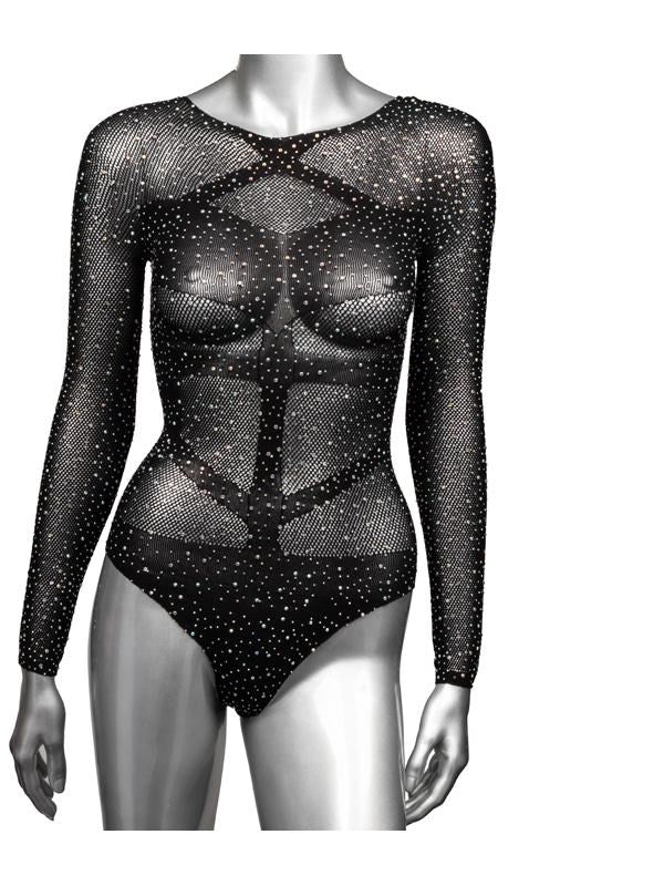 California Exotics Radiance Plus Size Long Sleeve Mesh Bodysuit With Rhinestones - - Teddies and Bodysuits