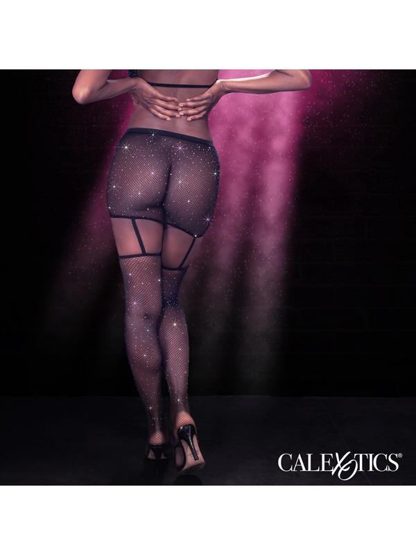 California Exotics Radiance Garter Skirt With Thigh Highs Rhinestone Mesh - - Fishnet and Thigh Highs