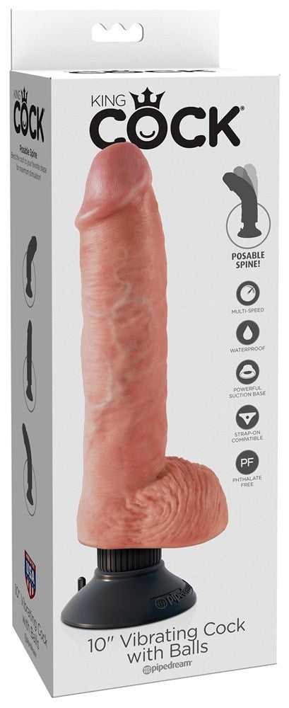 King Cock 10 Inch Vibrating Cock with Balls and Suction Cup - - Vibrating Dildos
