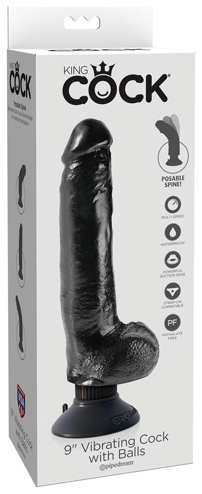 Pipedream Products King Cock Vibrating Cock with Balls Black 9 Inch Dildo - - Vibrating Dildos
