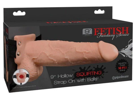 Pipedream Products Fetish Fantasy 9 inch Hollow Squirting Strap On with Balls - Bullet Vibrators