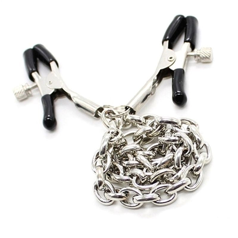 BDStyle Bondage Adjustable Nipple Clamps with Steel Chain and Rubber Tips - Breast and Nipple Toys