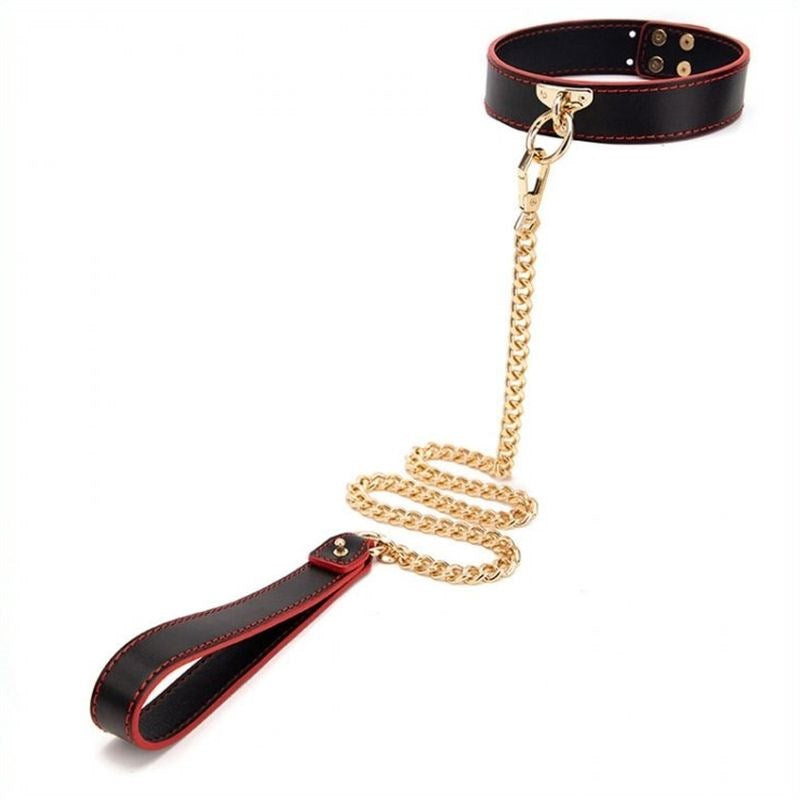 BDStyle Golden Chain Lead BDSM Collar Black Faux Leather Gold Chain - Fancy Dress Ups