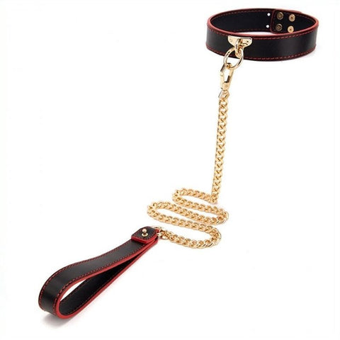 BDStyle Golden Chain Lead BDSM Collar Black Faux Leather Gold Chain - Fancy Dress Ups