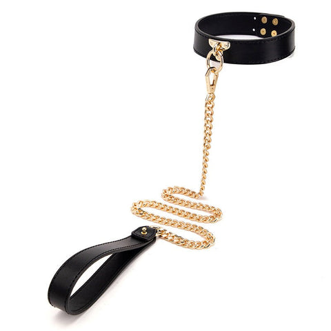 BDStyle Golden Chain Lead BDSM Collar Black Faux Leather Gold Chain - Fancy Dress Ups