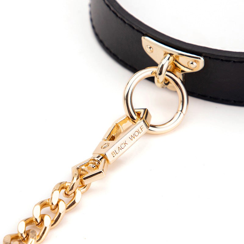 BDStyle Golden Chain Lead BDSM Collar Black Faux Leather Gold Chain - Fancy Dress Ups
