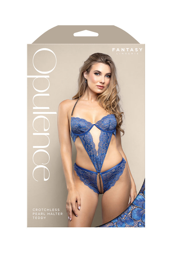Fantasy OPULENCE Crotchless Pearl Halter Teddy Royal Blue - Teddies and Bodysuits