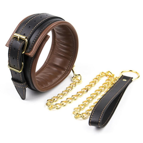 BDStyle Golden Chain Leash Thick Bondage Collar with Metal Ring - Butt Plugs