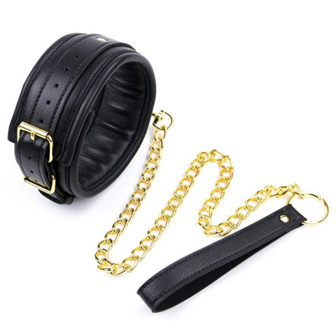 BDStyle Golden Chain Leash Thick Bondage Collar with Metal Ring - Butt Plugs