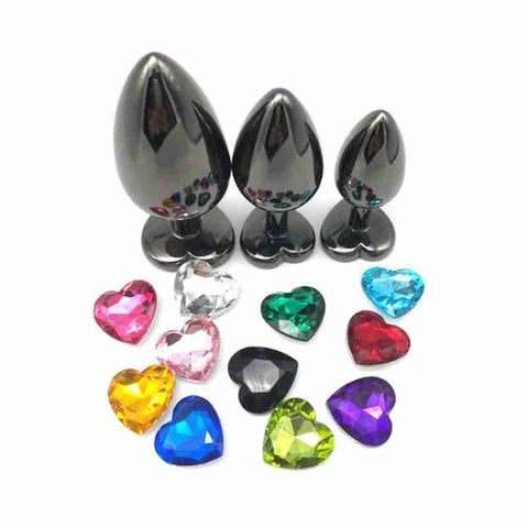 BDStyle Heart Jeweled Black Steel Butt Plug Large Premium Temperature Play - Rabbit Vibrators