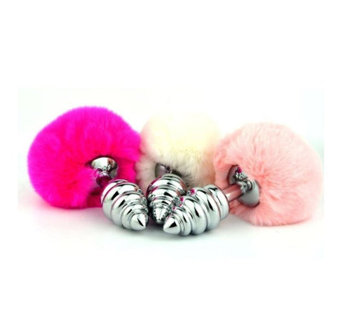 BDStyle Bunny Tail Silver Ribbed Butt Plug with Stimulating Texture - Realistic Dildos