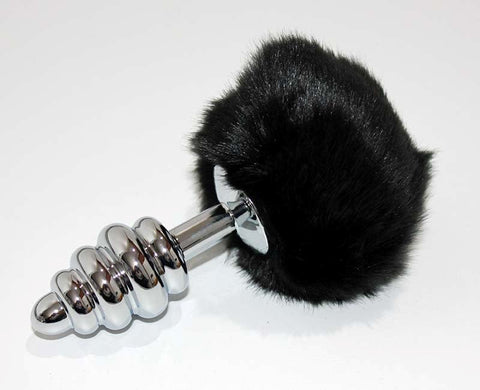 BDStyle Bunny Tail Silver Ribbed Butt Plug with Stimulating Texture - Realistic Dildos