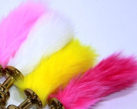 BDStyle Faux Rabbit Tail Ribbed Butt Plug Gold Medium with Stimulating Ribs - Steel Sex Toys
