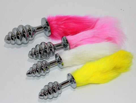 BDStyle Faux Rabbit Tail Ribbed Butt Plug Silver Medium Anal Stimulation - Steel Sex Toys
