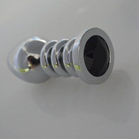 Hells Couture Ribbler Metal Jeweled Anal Plug Large with Triple Ribs - Steel Sex Toys