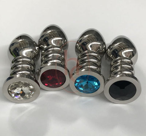 Hells Couture Ribbler Metal Jeweled Large Anal Plug Triple Ribbed Steel - Breast and Nipple Toys